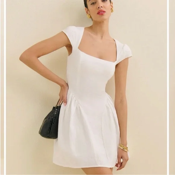 Reformation Oaklyn Linen Basque Waist Mini Dress white, SIZE 12 - Picture 2 of 8